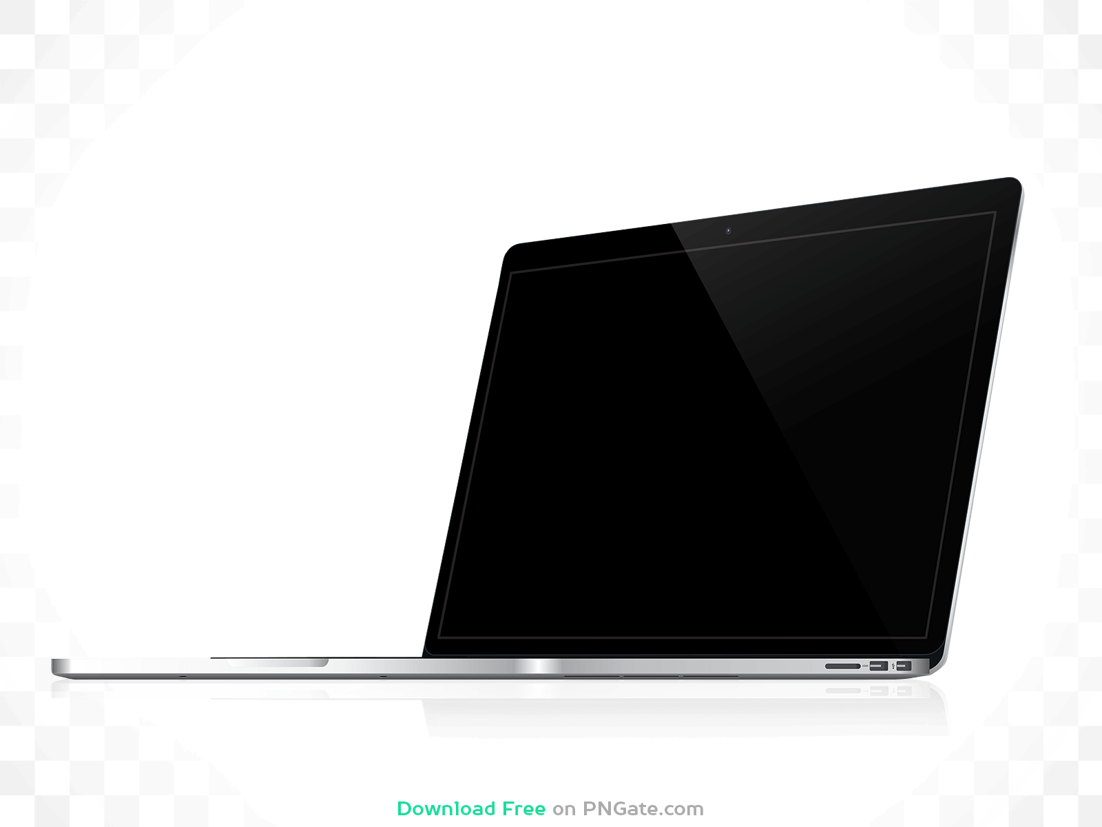 An open silver laptop stands on a table with a reflection PNG Image .