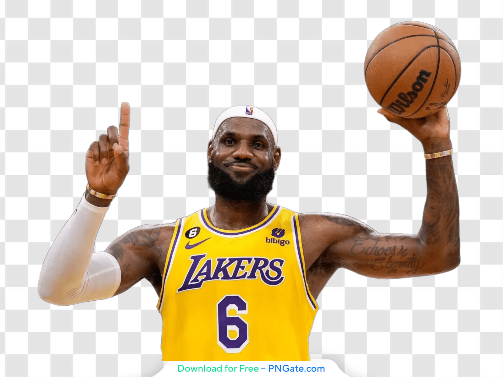 LeBron James in Yellow Jersey Holding Ball Pointing Upward