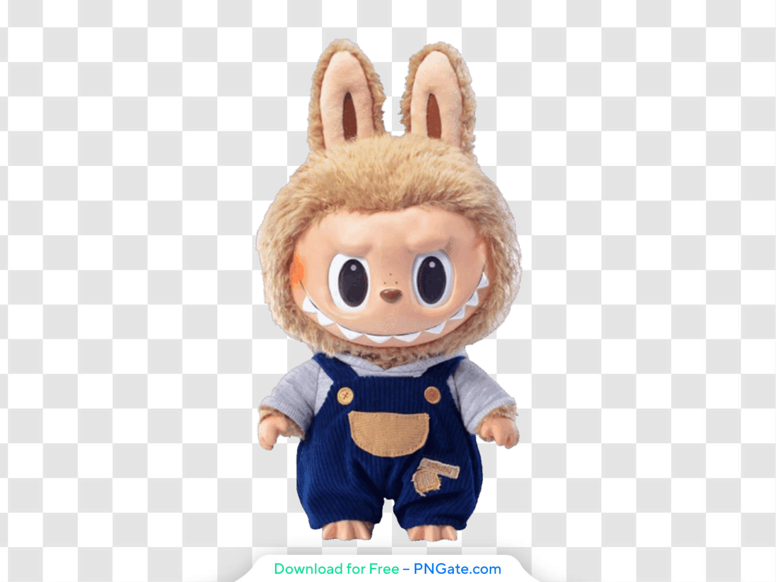 Peluche Labubu avec oreilles de lapin et salopette bleue, design mignon, PNG gratuit