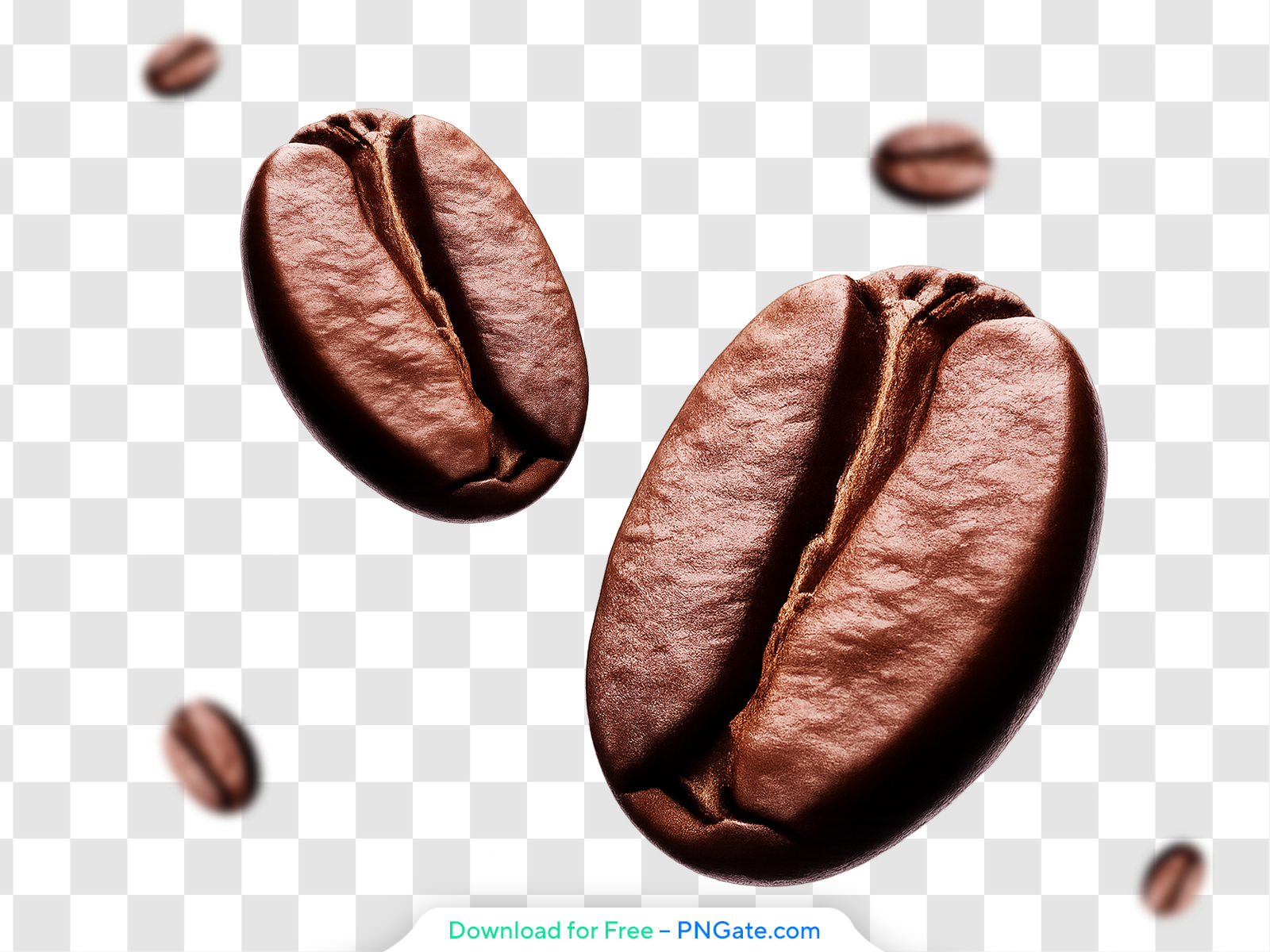 Six whole roasted coffee beans suspended in mid air, transparent PNG