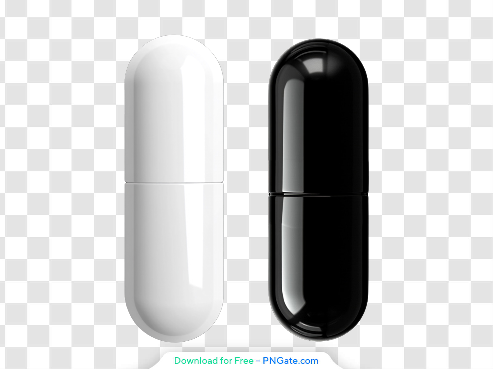Two glossy capsule pills, one white and one black, transparent PNG